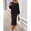 MEROKEETY Women’s Fuzzy 2 Piece Outfit Winter Long Sleeve Off Shoulder Pullover Top Midi Skirt Matching Lounge Sets(Black)