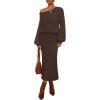 MEROKEETY Women’s Fuzzy 2 Piece Outfit Winter Long Sleeve Off Shoulder Pullover Top Midi Skirt Matching Lounge Sets(Coffee)