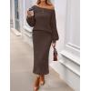 MEROKEETY Women’s Fuzzy 2 Piece Outfit Winter Long Sleeve Off Shoulder Pullover Top Midi Skirt Matching Lounge Sets(Coffee)