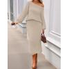 MEROKEETY Women’s Fuzzy 2 Piece Outfit Winter Long Sleeve Off Shoulder Pullover Top Midi Skirt Matching Lounge Sets(Lightkhaki)