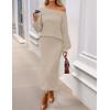 MEROKEETY Women’s Fuzzy 2 Piece Outfit Winter Long Sleeve Off Shoulder Pullover Top Midi Skirt Matching Lounge Sets(Lightkhaki)
