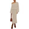 MEROKEETY Women’s Fuzzy 2 Piece Outfit Winter Long Sleeve Off Shoulder Pullover Top Midi Skirt Matching Lounge Sets(Lightkhaki)