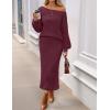 MEROKEETY Women’s Fuzzy 2 Piece Outfit Winter Long Sleeve Off Shoulder Pullover Top Midi Skirt Matching Lounge Sets(Maroon)