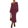 MEROKEETY Women’s Fuzzy 2 Piece Outfit Winter Long Sleeve Off Shoulder Pullover Top Midi Skirt Matching Lounge Sets(Maroon)