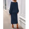 MEROKEETY Women’s Fuzzy 2 Piece Outfit Winter Long Sleeve Off Shoulder Pullover Top Midi Skirt Matching Lounge Sets(Navy)