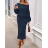 MEROKEETY Women’s Fuzzy 2 Piece Outfit Winter Long Sleeve Off Shoulder Pullover Top Midi Skirt Matching Lounge Sets(Navy)