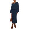 MEROKEETY Women’s Fuzzy 2 Piece Outfit Winter Long Sleeve Off Shoulder Pullover Top Midi Skirt Matching Lounge Sets(Navy)
