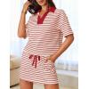 MEROKEETY Women’s Striped 2 Piece Outfits Casual Skirt Set Workout Short Sleeve Polo Shirt Skort Matching Lounge Sets(Red)