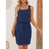 MEROKEETY Women’s Summer Mini Sundress Casual Waffle Knit Square Neck Drawstring Beach Tank Dresses(Navy)