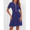 MEROKEETY Women’s Summer Ribbed Knit Midi Dresses Short Sleeve V Neck Button A Line Swing Sweater Dress(Navy)