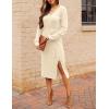 MEROKEETY Women’s Winter Spring Long Sleeve Sweater Dress 2026 Fall V Neck Cable Knit Slit Bodycon Midi Dresses(Apricot)