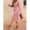 MEROKEETY Women’s Winter Spring Long Sleeve Sweater Dress 2026 Fall V Neck Cable Knit Slit Bodycon Midi Dresses(Dustypink)