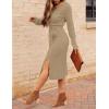 MEROKEETY Women’s Winter Spring Long Sleeve Sweater Dress 2026 Fall V Neck Cable Knit Slit Bodycon Midi Dresses(Khaki)