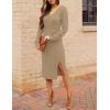 MEROKEETY Women’s Winter Spring Long Sleeve Sweater Dress 2026 Fall V Neck Cable Knit Slit Bodycon Midi Dresses(Khaki)