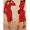 MEROKEETY Women’s Winter Spring Long Sleeve Sweater Dress 2026 Fall V Neck Cable Knit Slit Bodycon Midi Dresses(Red)