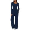 MEROKEETY Women’s 2025 Fall Two Piece Airport Outfits Lounge Sets Henley Shirts Wide Leg Pants Matching Sets(Dark Blue)