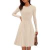 MEROKEETY Women’s 2025 Long Sleeve Mini Sweater Dress Crewneck Ribbed Knit A Line Pleated Swing Short Dresses(Apricot)