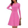 MEROKEETY Women’s 2025 Long Sleeve Mini Sweater Dress Crewneck Ribbed Knit A Line Pleated Swing Short Dresses(Hotpink)