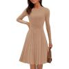MEROKEETY Women’s 2025 Long Sleeve Mini Sweater Dress Crewneck Ribbed Knit A Line Pleated Swing Short Dresses(Khaki)
