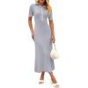 MEROKEETY Women’s 2026 Spring Ribbed Maxi Dress Summer V Neck Button Short Sleeve Slim Fit Bodycon Knit Sweater Dresses(Lightgrey)
