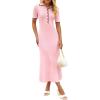 MEROKEETY Women’s 2026 Spring Ribbed Maxi Dress Summer V Neck Button Short Sleeve Slim Fit Bodycon Knit Sweater Dresses(Lightpink)
