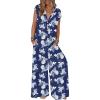 MEROKEETY Women’s 2026 Summer Cap Sleeve Jumpsuits Dressy Casual Deep V Neck Button Onesie Wide Leg Pants Rompers(Navyfloral)