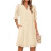 MEROKEETY Women’s 2026 Summer Short Sleeve Mini Dress V Neck Ruffle Hollow Out Eyelet Lace Dresses(Beige)