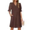 MEROKEETY Women’s 2026 Summer Short Sleeve Mini Dress V Neck Ruffle Hollow Out Eyelet Lace Dresses(Coffee)