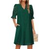 MEROKEETY Women’s 2026 Summer Short Sleeve Mini Dress V Neck Ruffle Hollow Out Eyelet Lace Dresses(Dark Green)