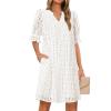 MEROKEETY Women’s 2026 Summer Short Sleeve Mini Dress V Neck Ruffle Hollow Out Eyelet Lace Dresses(White)