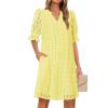 MEROKEETY Women’s 2026 Summer Short Sleeve Mini Dress V Neck Ruffle Hollow Out Eyelet Lace Dresses(Yellow)