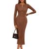 MEROKEETY Women’s Bodycon Sweater Dress 2025 Fall Winter Long Sleeve Button Crew Neck Ribbed Knit Midi Work Dresses(Brown)