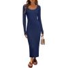 MEROKEETY Women’s Fall Long Sleeve Sweater Dress Casual Ribbed Knit Slim Fit Bodycon Maxi Dresses(Navy)