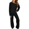 MEROKEETY Women’s Fall Pajama Set Fuzzy Fleece 2 Piece Loungewear Off Shoulder Sweater Tops Wide Leg Pants Matching Outfits(Black)