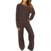 MEROKEETY Women’s Fall Pajama Set Fuzzy Fleece 2 Piece Loungewear Off Shoulder Sweater Tops Wide Leg Pants Matching Outfits(Coffee)