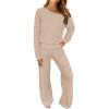 MEROKEETY Women’s Fall Pajama Set Fuzzy Fleece 2 Piece Loungewear Off Shoulder Sweater Tops Wide Leg Pants Matching Outfits(Light Khaki)