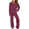 MEROKEETY Women’s Fall Pajama Set Fuzzy Fleece 2 Piece Loungewear Off Shoulder Sweater Tops Wide Leg Pants Matching Outfits(Maroon)