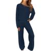 MEROKEETY Women’s Fall Pajama Set Fuzzy Fleece 2 Piece Loungewear Off Shoulder Sweater Tops Wide Leg Pants Matching Outfits(Navy)