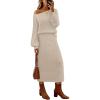 MEROKEETY Women’s Fuzzy 2 Piece Outfit Winter Long Sleeve Off Shoulder Pullover Top Midi Skirt Matching Lounge Sets(Lightkhaki)