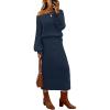 MEROKEETY Women’s Fuzzy 2 Piece Outfit Winter Long Sleeve Off Shoulder Pullover Top Midi Skirt Matching Lounge Sets(Navy)