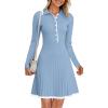 MEROKEETY Women’s Long Sleeve V Neck Sweater Dress 2026 Fall Button Knit Pleated Mini Work Dresses(Blue)
