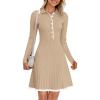 MEROKEETY Women’s Long Sleeve V Neck Sweater Dress 2026 Fall Button Knit Pleated Mini Work Dresses(Khaki)