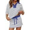 MEROKEETY Women’s Striped 2 Piece Outfits Casual Skirt Set Workout Short Sleeve Polo Shirt Skort Matching Lounge Sets(Blue)