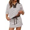 MEROKEETY Women’s Striped 2 Piece Outfits Casual Skirt Set Workout Short Sleeve Polo Shirt Skort Matching Lounge Sets(Brown)