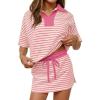 MEROKEETY Women’s Striped 2 Piece Outfits Casual Skirt Set Workout Short Sleeve Polo Shirt Skort Matching Lounge Sets(Pink)