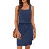 MEROKEETY Women’s Summer Mini Sundress Casual Waffle Knit Square Neck Drawstring Beach Tank Dresses(Navy)