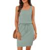 MEROKEETY Women’s Summer Mini Sundress Casual Waffle Knit Square Neck Drawstring Beach Tank Dresses(Seagrass)