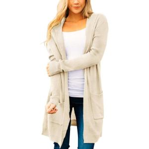 MEROKEETY Long Cardigans for Women 2026 Fall Winter Hooded Long Sleeve Open Front Sweaters with Pockets(Beige)