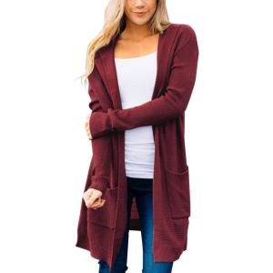 MEROKEETY Long Cardigans for Women 2026 Fall Winter Hooded Long Sleeve Open Front Sweaters with Pockets(Burgundy)