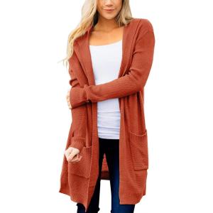 MEROKEETY Long Cardigans for Women 2026 Fall Winter Hooded Long Sleeve Open Front Sweaters with Pockets(Rust)